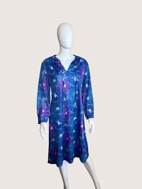 Blue Purple Abstract Floral Long Sleeve Shift Dress